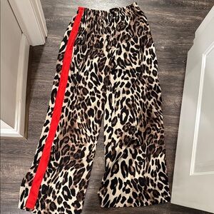 Q2 Leopard Print Wide Leg Pants with Red Accent